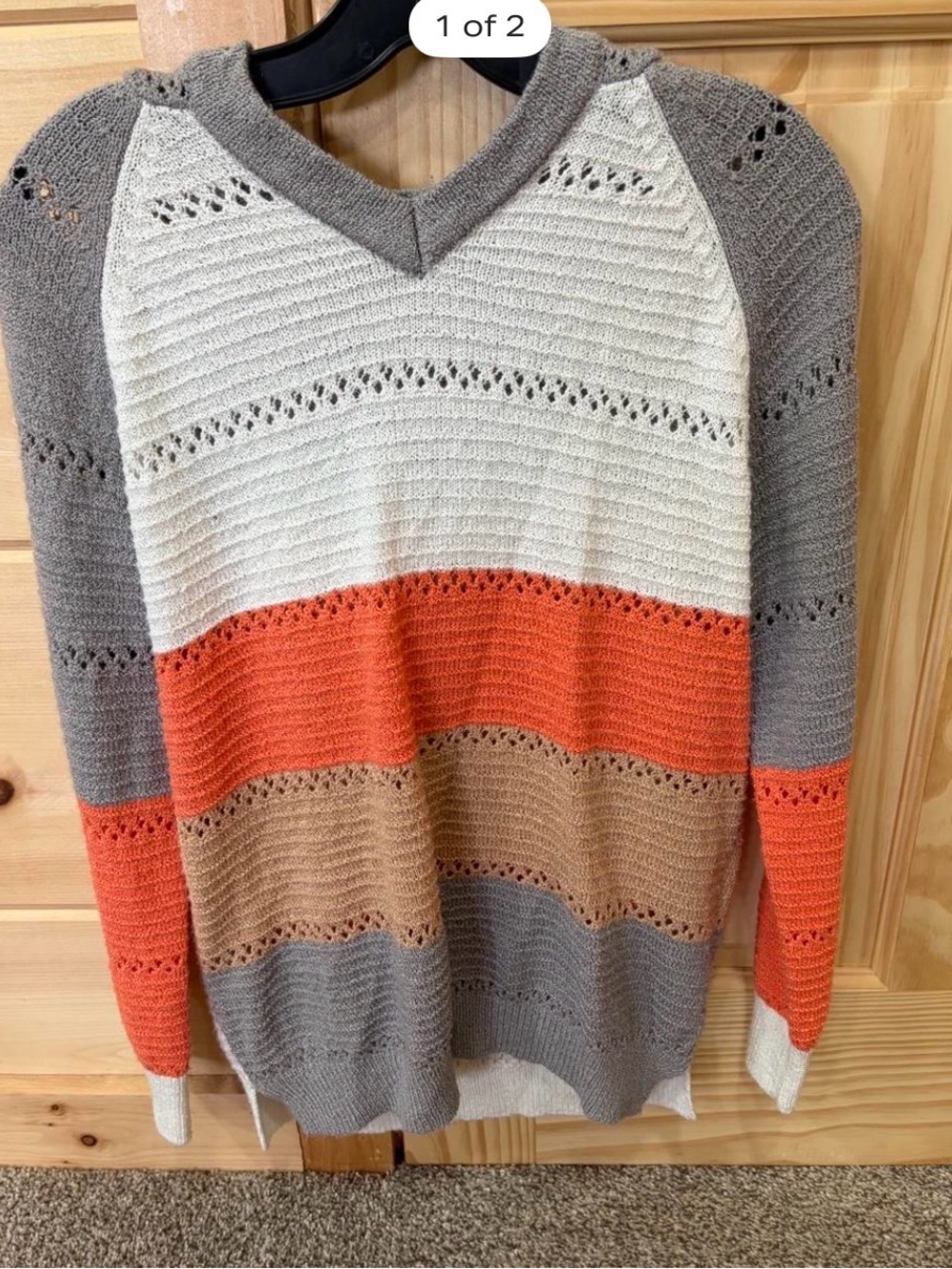 Striped V‑Neck Lightweight Sweater — Cream, Gray, Orange, Tan